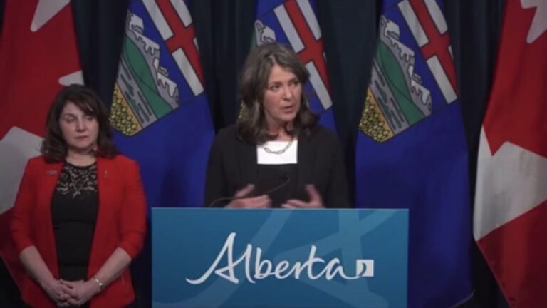 Premier Danielle Smith and Alberta's Minister of Health Adriana LaGrange during a press conference on February 20, 2025. (Galen Hartviksen, mymountainviewnow.com staff)