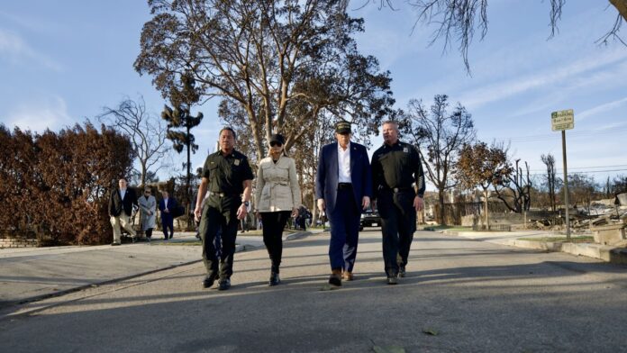 U.S. president Donald Trump tours the site of the Pacific Pallisades fire near Los Angeles on Jan. 24, 2025. (White House photo)